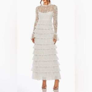 NWT $498 MSRP Mac Duggal Embroidered Long Sleeve Tiered Ruffle Dress size 10